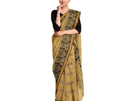 Exclusive Collection 100% Pure Cotton Dark Mustard Tant Saree With Hand Weaving Work Online