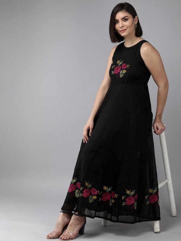 Women s Black Embroidered Chanderi Silk Maxi Dress - Bhama Sale