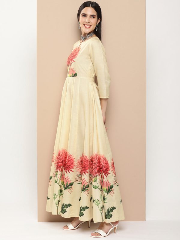 Women s Beige Printed Long Dress With Waist Belt - Bhama Online now