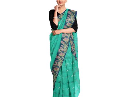 Exclusive Collection 100% Pure Cotton Green Tant Saree With Hand Weaving Work Hot on Sale