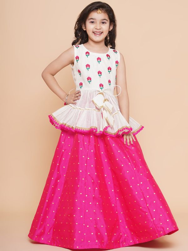 Girls Off White Embroidered Lace Work Choli With Pink Woven Booti Lehenga for Kids - Bhama Fashion