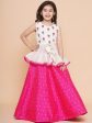 Girls Off White Embroidered Lace Work Choli With Pink Woven Booti Lehenga for Kids - Bhama Fashion