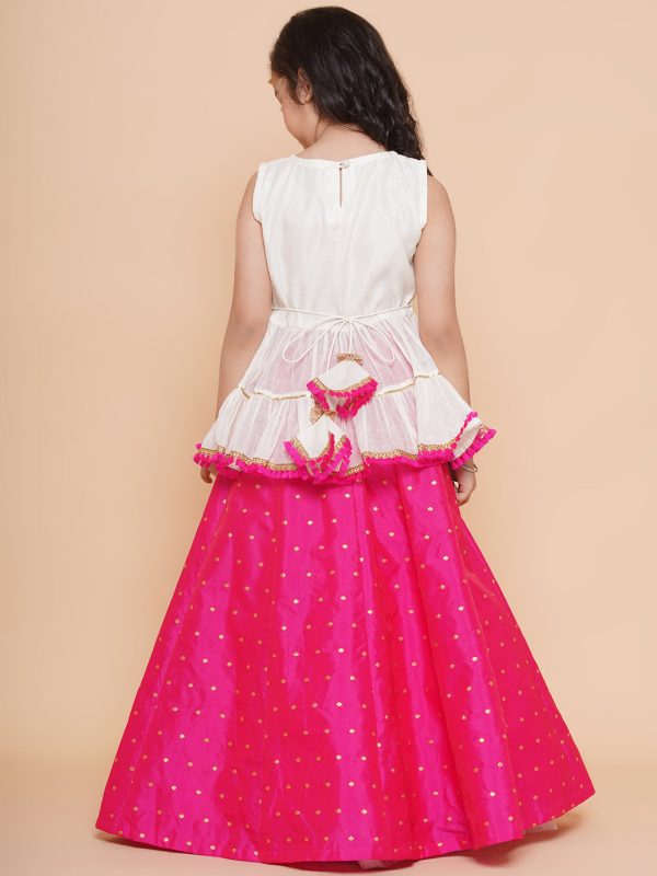 Girls Off White Embroidered Lace Work Choli With Pink Woven Booti Lehenga for Kids - Bhama Fashion