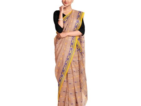 Exclusive Collection 100% Pure Cotton Light Biege Tant Saree With Hand Weaving Work Discount