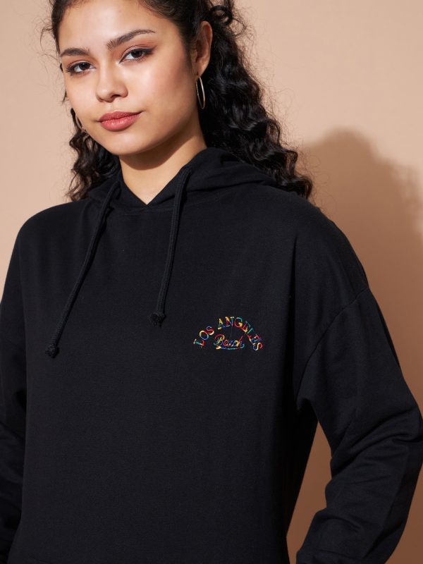 Lyush Women Black Embroidered Oversized Hoodie With Track Pants Hot on Sale