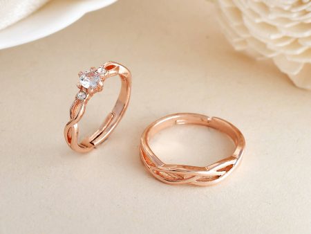 VOJ Stainless Steel Cubic Zirconia Rose Gold Plated Adjustable Ring Set for Couple Hot on Sale