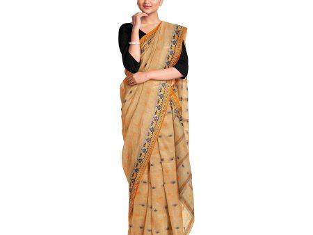 Exclusive Collection 100% Pure Cotton Biege Tant Saree With Hand Weaving Work For Sale