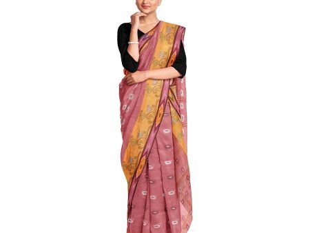 Exclusive Collection 100% Pure Cotton Mauve Tant Saree With Hand Weaving Work Cheap