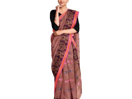 Exclusive Collection 100% Pure Cotton Mauve Tant Saree With Hand Weaving Work Fashion