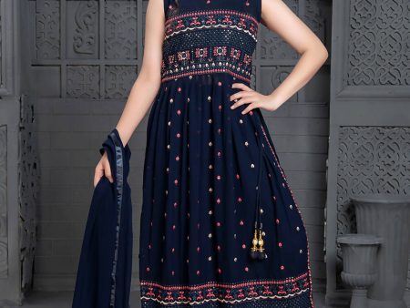 Kids Wedding Designer Navy Blue Georgette Naira Cut Salwar Suit - Aaradhna For Cheap