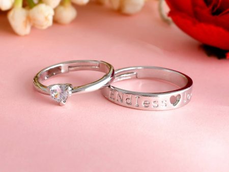 VOJ Stainless Steel Cubic Zirconia Silver Plated Adjustable Ring Set for Couple Sale