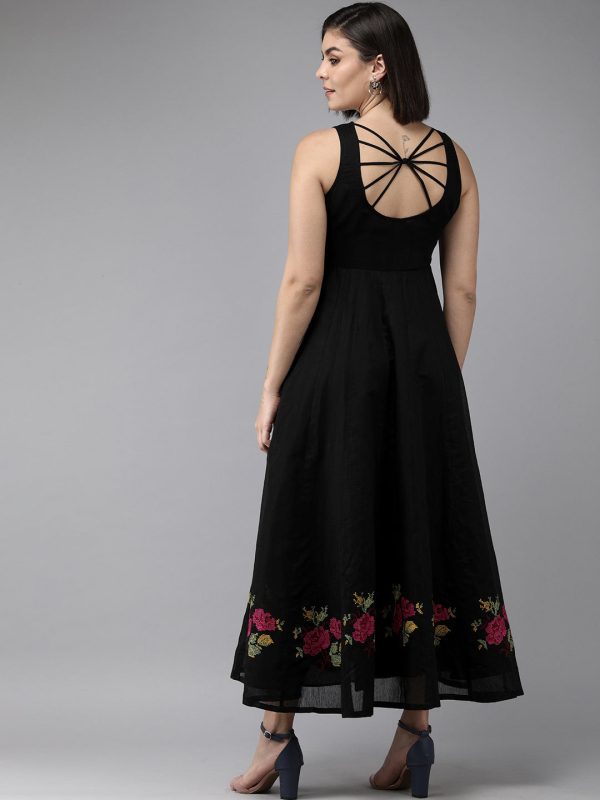 Women s Black Embroidered Chanderi Silk Maxi Dress - Bhama Sale