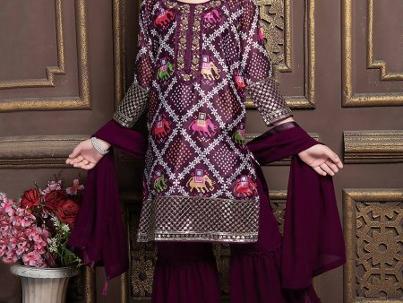 Kids Functional Designer Wine Georgette Sharara Suit - Aaradhna Online