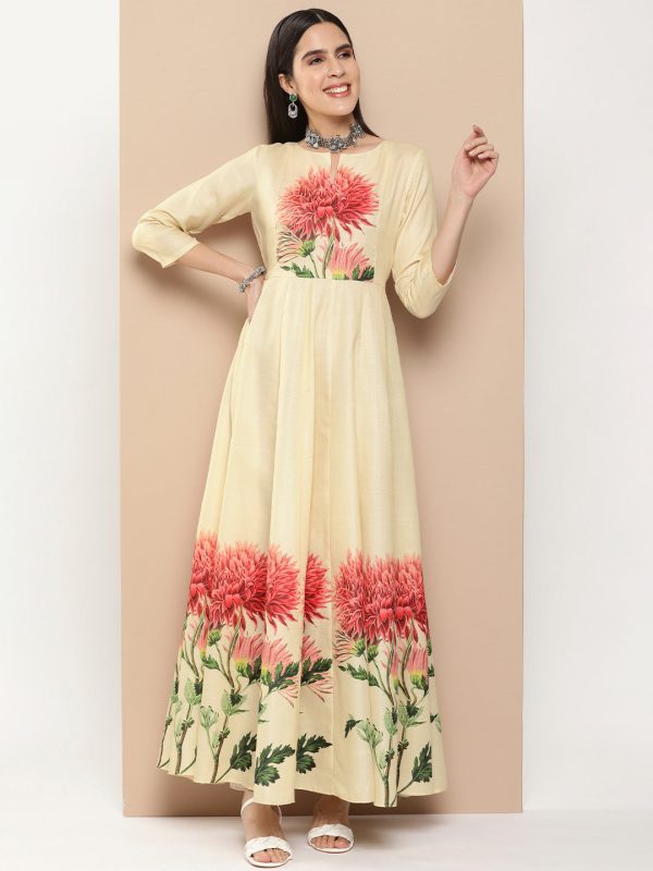 Women s Beige Printed Long Dress With Waist Belt - Bhama Online now