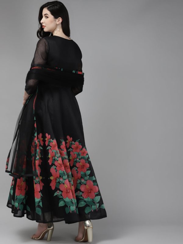 Women s Black Floral Printed Chanderi Silk Anarkali Kurta With Dupatta - Bhama Online now