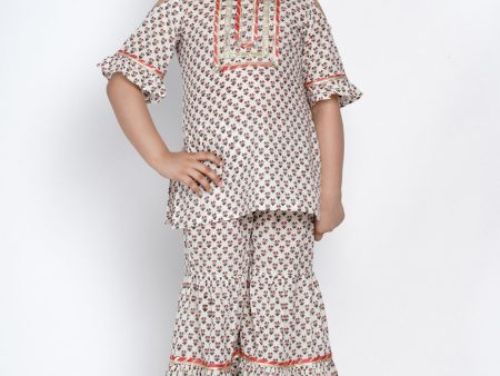 Girls Off-White & Pink Printed Kurti with Sharara for Kids - Bhama on Sale