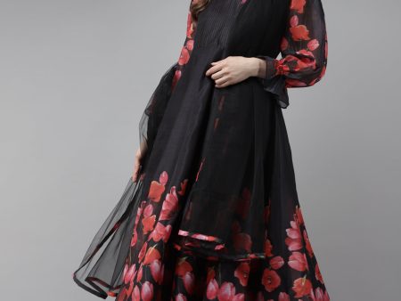 Women s Black Floral Printed Chanderi Silk Anarkali Kurta With Dupatta - Bhama Fashion