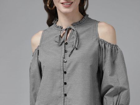 Women s Black Check Front Open Cold Shoulder Full Sleeve Top - Bhama Online Hot Sale