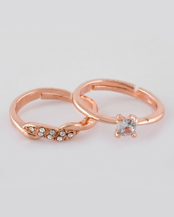 VOJ Stainless Steel Cubic Zirconia Rose Gold Plated Adjustable Ring Set for Couple Online Sale