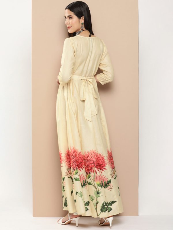 Women s Beige Printed Long Dress With Waist Belt - Bhama Online now