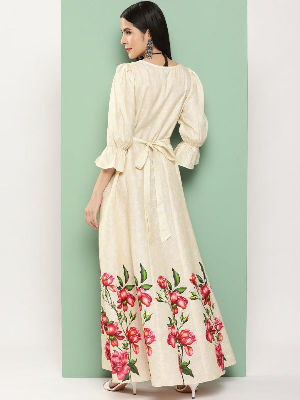 Women s Beige Printed Long Dress With Waist Belt - Bhama on Sale