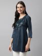 Teal Poly Cotton Yoke Sequence Embroidered A-line Top - Bosky Online Hot Sale