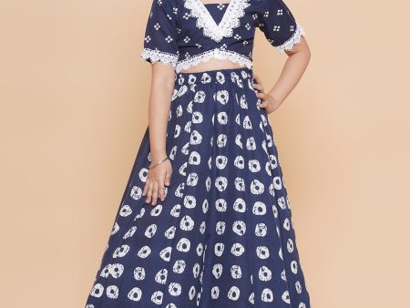 Girls Navy Blue Bandhani Printed Lace Work Lehenga Choli. for Kids - Bhama Online Sale