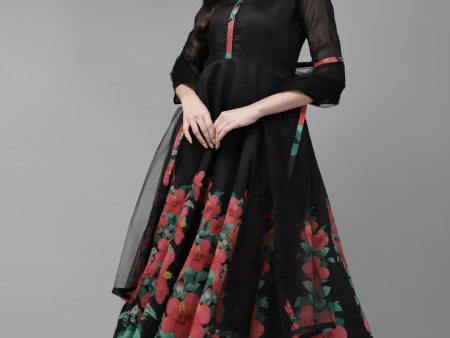 Women s Black Floral Printed Chanderi Silk Anarkali Kurta With Dupatta - Bhama Online now