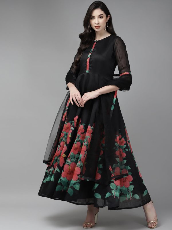 Women s Black Floral Printed Chanderi Silk Anarkali Kurta With Dupatta - Bhama Online now