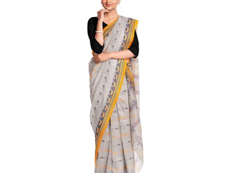 Exclusive Collection 100% Pure Cotton Light Grey Tant Saree With Hand Weaving Work Online Sale