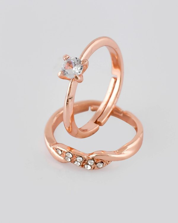 VOJ Stainless Steel Cubic Zirconia Rose Gold Plated Adjustable Ring Set for Couple Online Sale