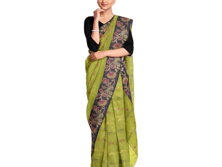 Exclusive Collection 100% Pure Cotton Light Green Tant Saree With Hand Weaving Work For Sale