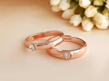 VOJ Stainless Steel Cubic Zirconia Rose Gold Plated Adjustable Ring Set for Couple Hot on Sale