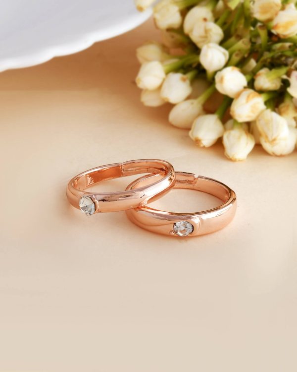 VOJ Stainless Steel Cubic Zirconia Rose Gold Plated Adjustable Ring Set for Couple Hot on Sale