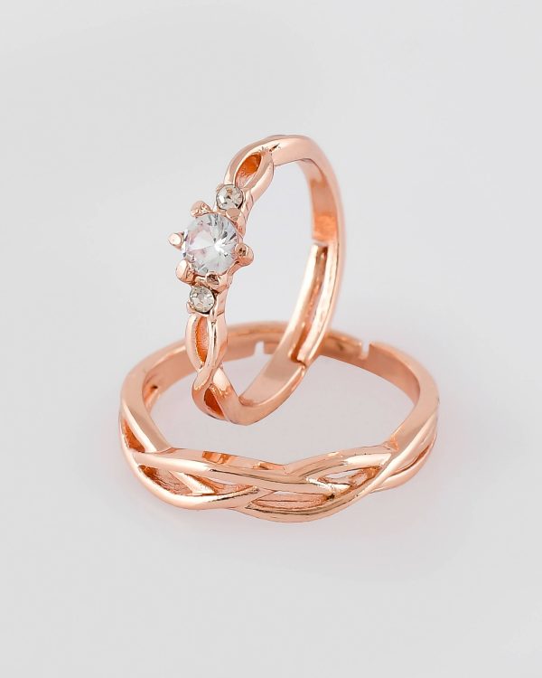 VOJ Stainless Steel Cubic Zirconia Rose Gold Plated Adjustable Ring Set for Couple Hot on Sale