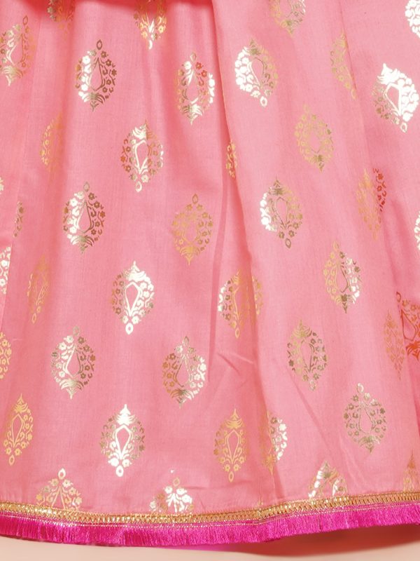 Girls Peach Foil Printed Lace Work Lehenga,Choli With Dupatta. for Kids - Bhama Hot on Sale