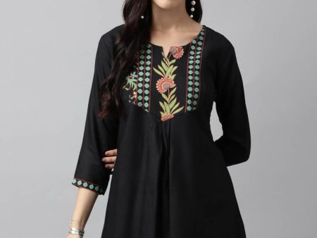 Black Poly Cotton Yoke Printed A-line Top - Bosky Online