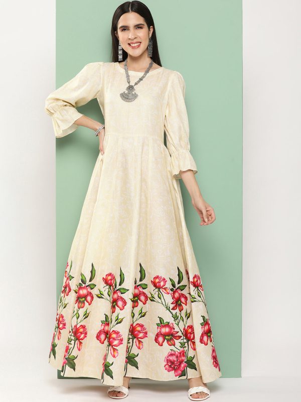 Women s Beige Printed Long Dress With Waist Belt - Bhama on Sale