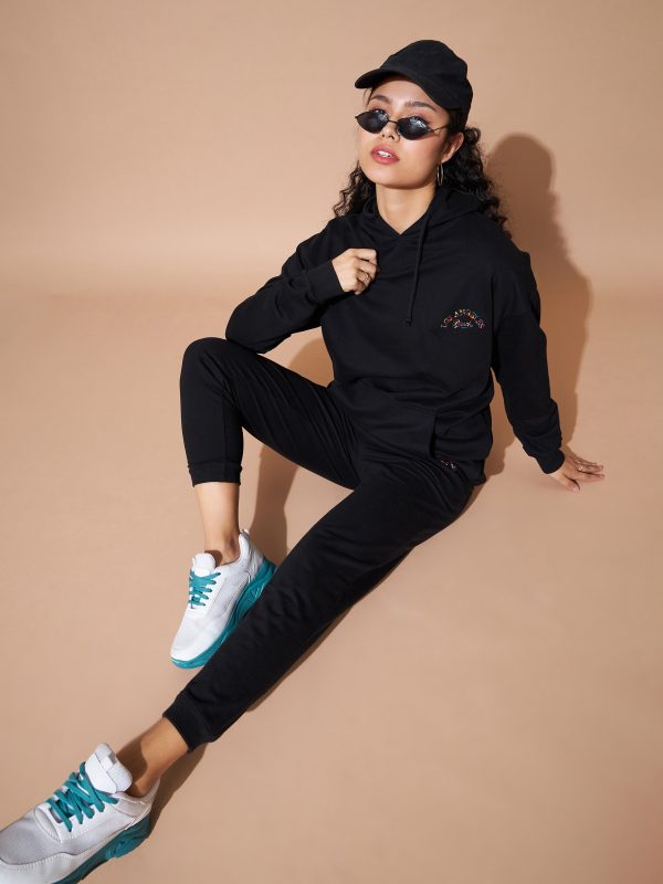 Lyush Women Black Embroidered Oversized Hoodie With Track Pants Hot on Sale