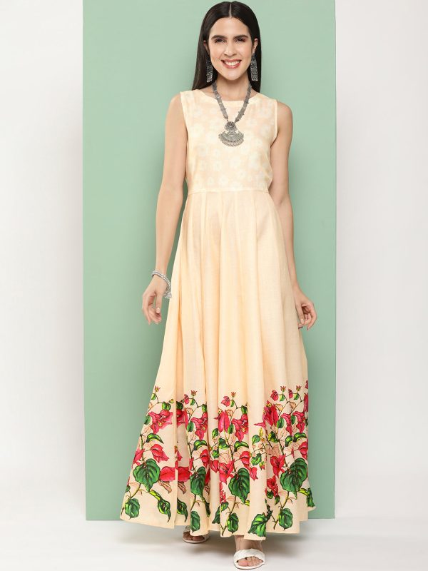 Women s Beige Printed Long Dress With Waist Belt - Bhama Sale