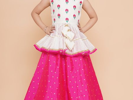 Girls Off White Embroidered Lace Work Choli With Pink Woven Booti Lehenga for Kids - Bhama Fashion