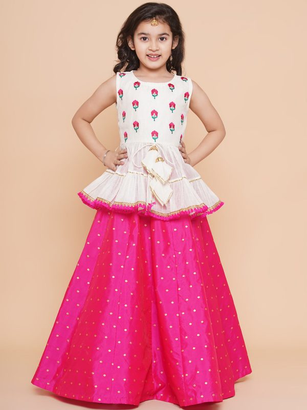 Girls Off White Embroidered Lace Work Choli With Pink Woven Booti Lehenga for Kids - Bhama Fashion